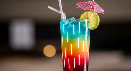 Vibrant layered rainbow cocktail with ice straw lime and umbrella on a blurred backgroundの素材