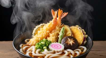Steaming hot bowl of udon noodles topped with crispy shrimp and vegetable tempura and shiitake mushroomの素材