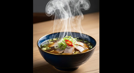 Steaming hot bowl of delicious ramen soup with pork and fresh green onionsの素材