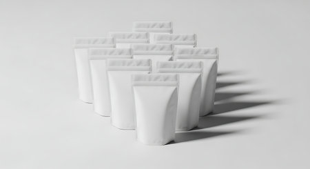Group of blank white cosmetic squeeze tubes arranged in a staggered formation on a white backgroundの素材