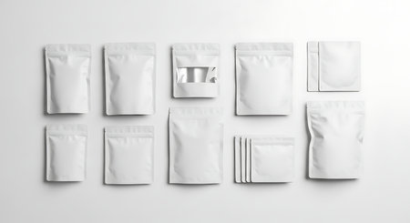 Collection of blank white packaging pouches and sachets arranged in a modern clean studio settingの素材