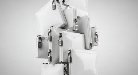 Close up of a robotic hand with intricate metallic fingers holding a white object against a bright backgroundの素材