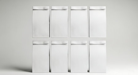 Eight blank white cardboard cartons arranged in two rows on a clean white backgroundの素材