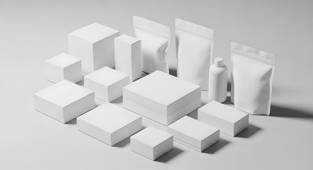 Set of white packaging mockup on white background. 3D renderingの素材