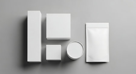 Clean white packaging mockup collection featuring boxes pouches and jars on a neutral backgroundの素材