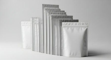 Blank white stand up pouches with ziplock closure arranged in a row on a light backgroundの素材