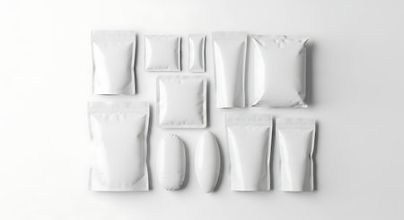 Collection of blank white cosmetic tubes and sachets arranged in a grid on a clean white backgroundの素材