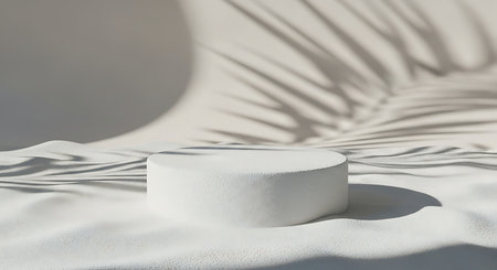 Minimalist white podium with soft fabric and palm leaf shadow for product displayの素材