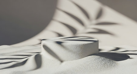 Minimalist sand podium with dramatic palm leaf shadows and soft fabric backdropの素材
