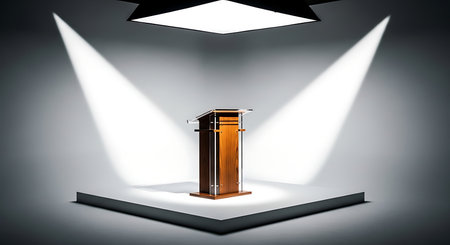 A single wooden podium stands illuminated by two bright spotlights on a dark stageの素材