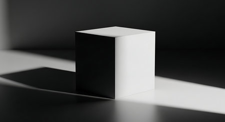 Minimalist abstract composition of a white geometric cube casting a dramatic shadow in studio lightingの素材