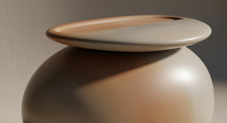 Smooth rounded ceramic vessel with a flat lid showcasing subtle earth tones and soft lightingの素材