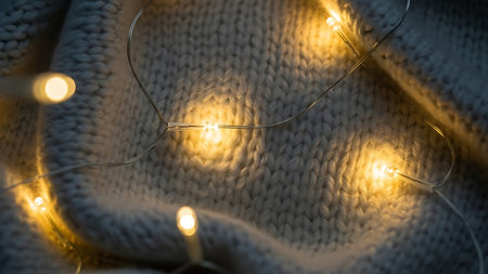 Cozy warmth of soft fabric illuminated by gentle glowing string lights on a dark backgroundの素材