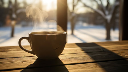 Warm steaming coffee cup on a rustic wooden table with a beautiful winter landscape outside the windowの素材