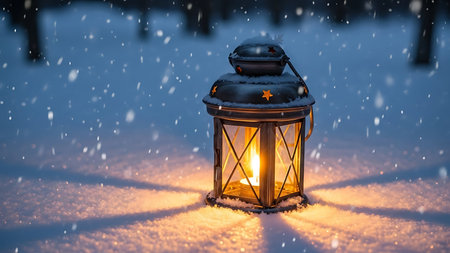 Old fashioned glowing lantern casting warm light and shadows on a snowy winter nightの素材