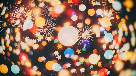 Abstract bokeh lights and fireworks display creating a festive and celebratory background atmosphereの素材