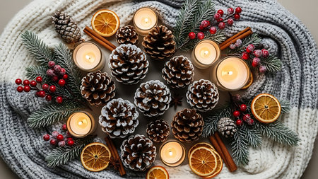 Cozy winter holiday arrangement of pinecones candles dried oranges and fir branches on a knit scarfの素材