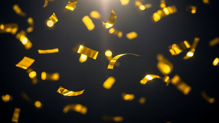 Golden confetti falling and swirling in a dark background with bright light rays from aboveの素材