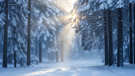 Sunlight streams through snowy pine forest illuminating a winter wonderland pathの素材