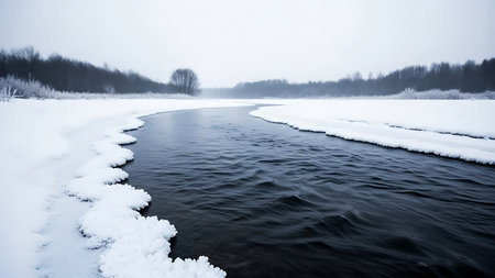 Winter river flowing through snow covered landscape with trees in the backgroundの素材