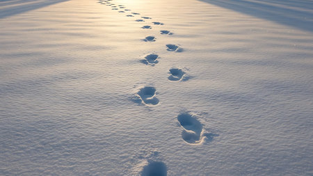 Footprints in the snow leading into the distance with warm sunlight illuminating the winter landscapeの素材