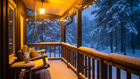 Cozy wooden porch with string lights and chairs overlooking a snowy winter forest at duskの素材