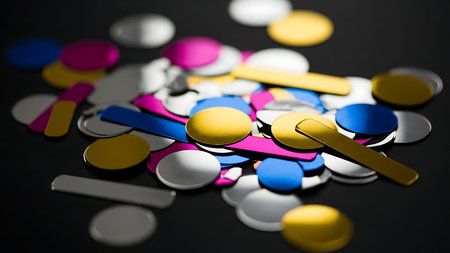 Vibrant pile of colorful confetti and party popper streamers scattered on a dark backgroundの素材