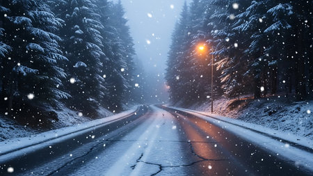 Snowy forest road with glowing street lamp and falling snow creating a magical winter atmosphereの素材