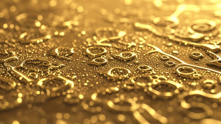 Abstract close up of golden liquid droplets and textures with a shallow depth of field effectの素材