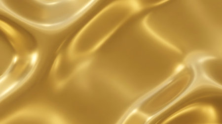 Abstract shimmering golden liquid surface with flowing waves and bright highlights creating a luxurious backgroundの素材