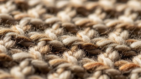 Extreme close up macro shot of a textured woven fabric with a blend of brown beige and cream yarnsの素材