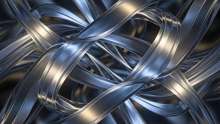Abstract close up of intertwined blue and silver metallic ribbons with reflective light streaksの素材