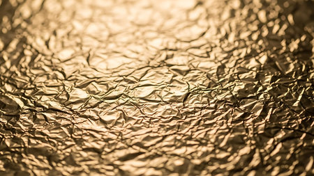Close up of a textured golden metallic surface with soft focus and warm light creating abstract patternsの素材