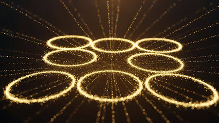 Abstract glowing golden rings arranged in a circular pattern on a dark background with light trailsの素材