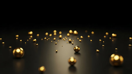 Golden christmas ornaments scattered on a dark reflective surface with soft bokeh lightsの素材