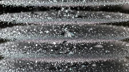 Macro close up of sparkling frost crystals forming intricate patterns on dark textured surfacesの素材