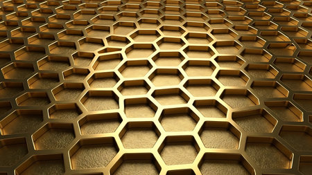 Abstract golden honeycomb pattern with a textured surface and a sense of depth and perspectiveの素材