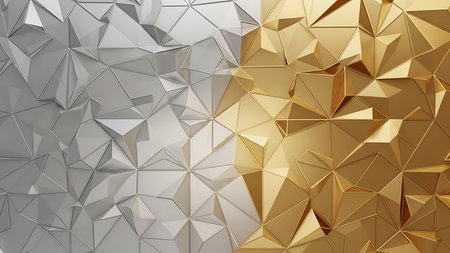 Abstract geometric background with a split of metallic silver and rich gold faceted texturesの素材