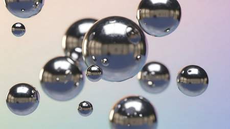 Abstract collection of shiny metallic spheres and ovals suspended in a soft pastel gradient backgroundの素材