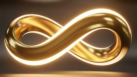 Gleaming golden infinity symbol illuminated with soft warm light on a textured backgroundの素材