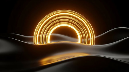 Glowing golden archway portal illuminated with warm light emerging from dark undulating fabricの素材