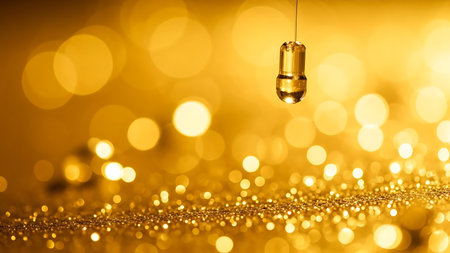 Abstract golden bokeh background with a single hanging droplet reflecting light and shimmering glitterの素材