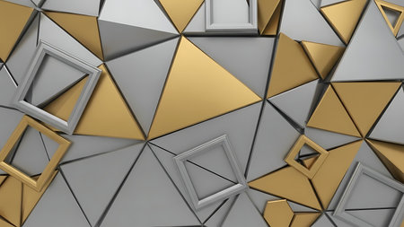 Abstract geometric background with interlocking triangles and squares in metallic silver and gold texturesの素材