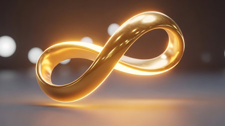 Shiny golden infinity symbol floating with glowing light effects and soft bokeh backgroundの素材