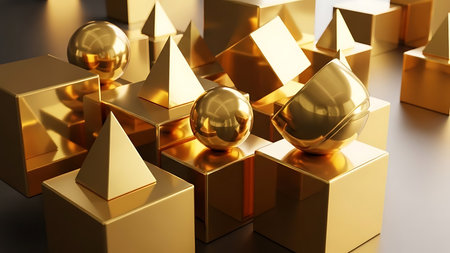 Abstract arrangement of golden geometric shapes including spheres pyramids and cubes with soft lighting and reflectionsの素材