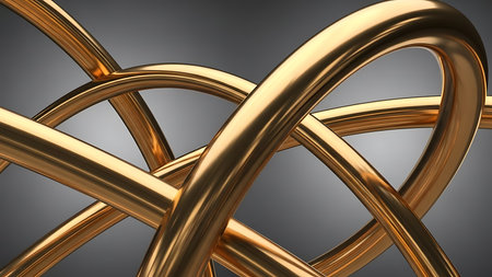 Abstract intertwined golden ribbons forming a complex knot with smooth reflective surfacesの素材