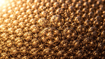 Close up macro photography of golden amber liquid with many small and large bubbles reflecting lightの素材