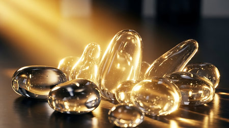 Abstract arrangement of translucent golden gel capsules illuminated by warm light creating a luxurious and soothing aestheticの素材
