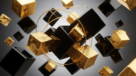 Abstract 3d geometric shapes of gold and black cubes floating around a golden ringの素材