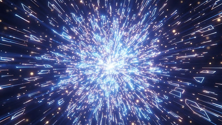 Abstract burst of blue and purple light streaks expanding outward from a bright centerの素材